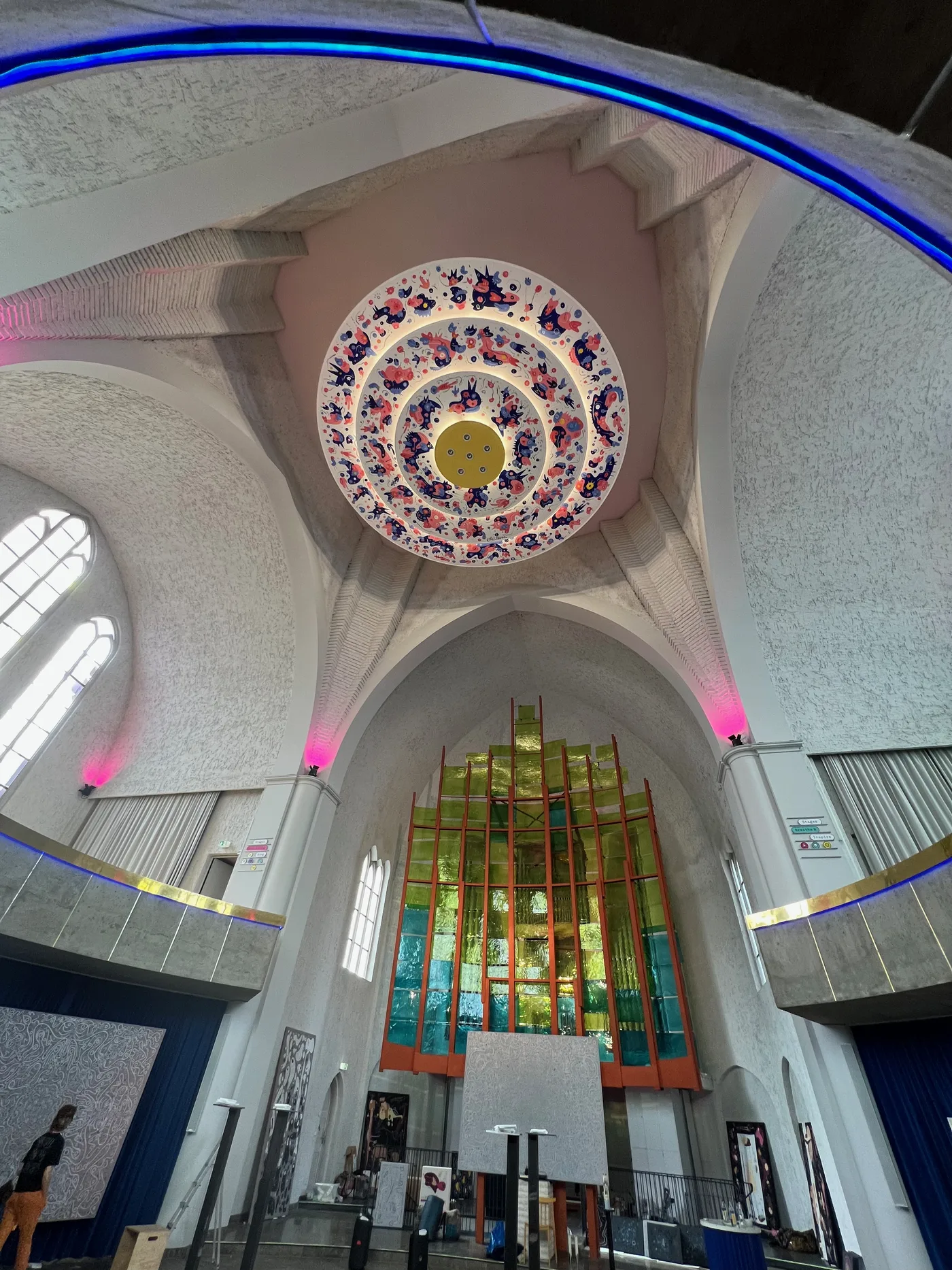 Space Bloom above embroidered works in the church
