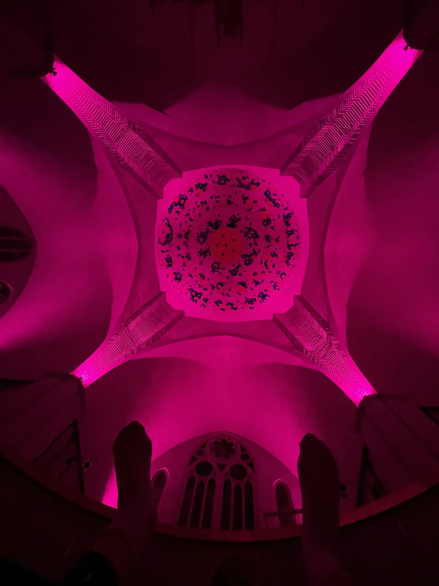 Space Bloom and the church interior under magenta evening light